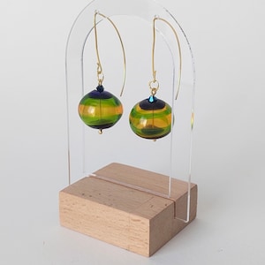 Navy Blue Green Iridescent Bubble Earrings, Gold Plated Hollow Bead Glass Earrings, Spherical Glass Ear Wire Earrings, Gift for Her
