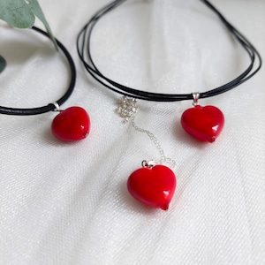 Red Glass Heart Necklace, Heart Choker Leather, Puffy Heart Necklace, Gift for Her, Y2kHeart Choker