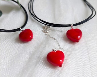 Red Glass Heart Necklace, Heart Choker Leather, Puffy Heart Necklace, Mothers Day Gift, Y2kHeart Choker