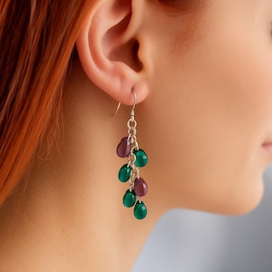 Orecchini a grappolo in vetro di Murano: pendente a goccia in argento sterling color verde acqua e viola