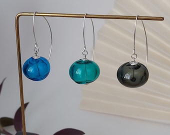 Hollow Glass Dangle Earrings, Gray Bubble Balloon Earrings, Modern Spherical Earrings, Teal Glass Jewelry, Blue Hook Earwire