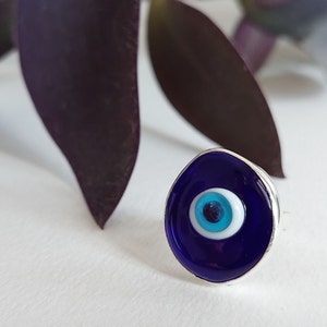 Oversized Evil Eye Glass Bead Ring, Large Organic Shaped Turkish Evil Eye Statement Ring, Sterling Silver Nazar Protection Adjustable Ring