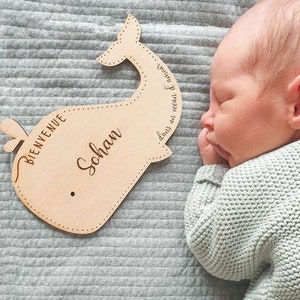 Whale birth card - share in personalized wood