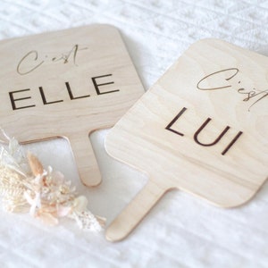 Wooden sign She / Him - wedding game
