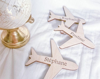 Personalized wooden place card travel airplane theme