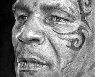 art drawing hyper realistic , dibujo a lapiz hiperrealista , carboncillo y grafito , boxeo , mike tyson