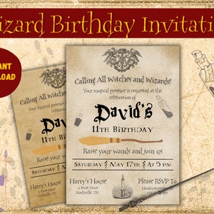 Peut inclure: Une invitation de style vintage pour une fête d'anniversaire de 11 ans sur le thème des sorciers. L'invitation présente un fond brun avec une illustration en noir et blanc d'un chapeau de sorcier et d'une baguette magique. Le texte indique "Appel à toutes les sorcières et tous les sorciers ! Votre présence magique est demandée pour la célébration du 11e anniversaire de David. Levez vos baguettes et rejoignez-nous le samedi 17 mai à 17h00. Chez Harry, 4 Pivet Drive, Nashville, TN. Veuillez confirmer votre présence auprès de la directrice Smith, 123-456-7890."