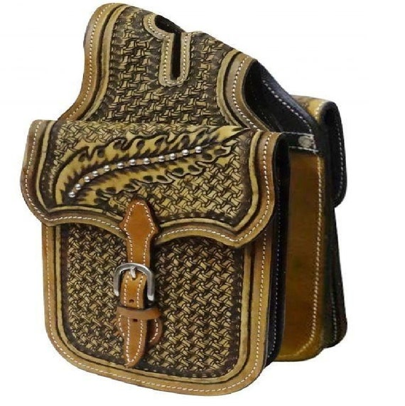 Cow Hide Genuine Leather Western Trail Tooling Carving Horse Saddle Bag. 