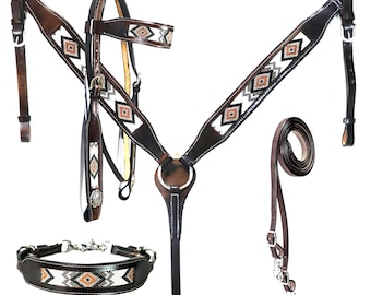 WOOD HORSE EQUESTRIAN Design Beaded Western Premium Leather Hand Carved Tooled Headstall Breast Collar Reins