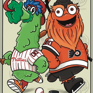 IMPRESIONES y carteles artísticos de las MASCOTAS deportivas de Filadelfia / NUEVO LANZAMIENTO * ¡Regalos de arte para fanáticos personalizados de Philadelphia Flyers Phanatic y Phillies Gritty!