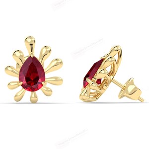 Örhängen i 14 karat guld med rubin för kvinnor, art déco-örhängen med uttalande, päronslipade rubiner, fina örhängen, unika droppformade ädelstenar, present till henne