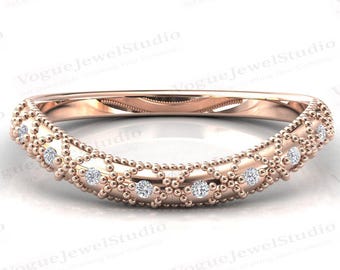 Unique Wedding Band For Women Antique Milgrain Style Engagement Band Vintage Curved Wedding Band 925 Sterling Silver Stacking Bands For Her