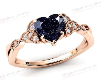 Galaxy Blue Sandstone Engagement Ring Heart Shaped Blue Sandstone Wedding Ring 14k Gold Sandstone Bridal Ring Heart Shaped Engagement Ring