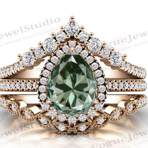 Pear Cut Green Amethyst Engagement Ring Set Rose Gold Green Amethyst Halo Wedding Ring Set Antique Green Amethyst 3 Piece Bridal Ring Set