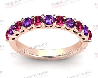 Art Deco Red Ruby Half Eternity Band For Her 14k Gold Ruby Eternity Wedding Band Cluster Engagement Band Unique Amethyst Bridal Promise Band