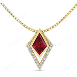 May include: A gold necklace with a diamond-shaped pendant. The pendant features a large, red gemstone in the center, surrounded by a row of small, clear gemstones. The chain is a delicate gold link.