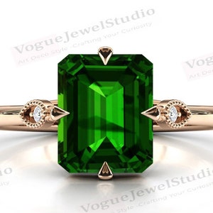 3ct. Antique Tsavorite Garnet Engagement Ring 14k Gold Tsavorite Garnet Solitaire Wedding Ring Emerald Cut Green Garnet Bridal Promise Ring