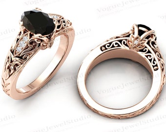 Art Deco Black Onyx Engagement Ring 14k Gold Black Onyx Bridal Ring Antique Black Onyx Filigree Wedding Ring for Women Anniversary Gift
