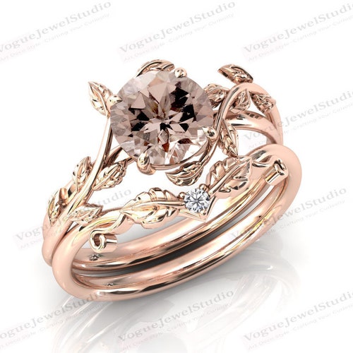 Vintage Morganite Engagement Ring Set 925 Sterling Silver shops Morganite Wedding Ring Set Leaf Engagement Ring Set Antique 2Piece Bridal Ring Set