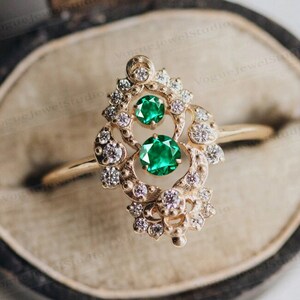 14k Gold Emerald Engagement Ring Vintage Emerald Antique Wedding Ring For Women Art Deco Emerald Bridal Promise Ring Women Anniversary Gift