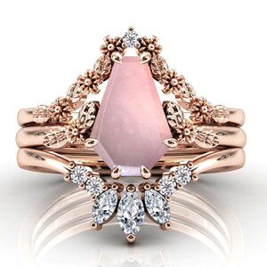 14k Gold Rose Quartz Engagement Ring Set Coffin Shaped Rose Quartz Floral Wedding Ring Set Vine Leaf Design Quartz 3 Piece Bridal Ring Set