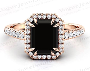 Unieke zwarte onyx verlovingsring smaragd geslepen zwarte onyx halo trouwring 14k gouden zwarte onyx ring voor vrouwen vintage zwarte onyx bruidsring