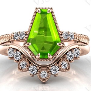 14k Gold Peridot Engagement Ring Set Coffin Shaped Peridot 2 Piece Wedding Ring Set Art Deco Peridot Bridal Anniversary Ring Set For Women