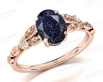 Unique Art Deco Blue Sandstone Engagement Ring Galaxy Blue Sandstone Wedding Ring Leaf Engagement Ring 14k Gold Blue Sandstone Bridal Ring