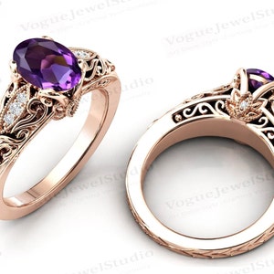 Natural Amethyst Engagement Ring For Women Art Deco Filigree Style Bridal Ring 14k Gold Amethyst Antique Wedding Ring Women Anniversary Ring