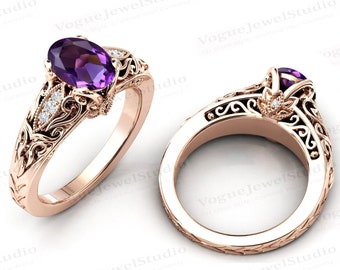 Natural Amethyst Engagement Ring For Women Art Deco Filigree Style Bridal Ring 14k Gold Amethyst Antique Wedding Ring Women Anniversary Ring