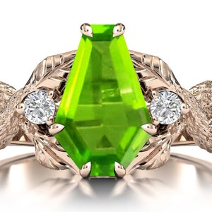 14k Gold Peridot Engagement Ring Branch Texture Peridot Wedding Ring Coffin Shape Peridot Leaf Style Bridal Ring Unique Tree Engagement Ring
