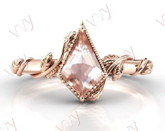 Vintage Kite Shaped Morganite Engagement Ring 14k Rose Gold Morganite Wedding Ring Art Deco Leaf Style Bridal Ring Antique Anniversary Ring