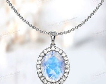 Collana in pietra di luna arcobaleno per donna, ciondolo vintage in pietra di luna, ciondolo con alone in pietra di luna Art Déco, ciondolo con dichiarazione unica