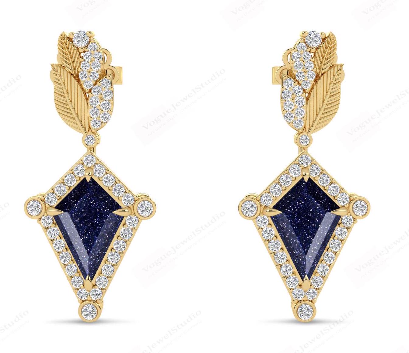 Unique Kite Shaped Blue Sandstone Dangle Drop Earrings Rose Gold