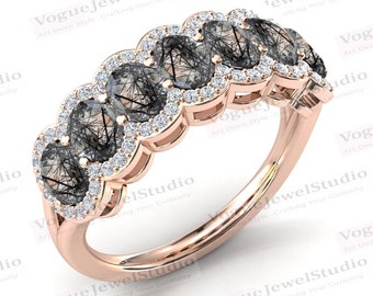 Unique Black Rutile Eternity Band 14K Gold Rutile Quartz Engagement Ring Half Eternity Wedding Band For Women Rutile Stacking Band Gift