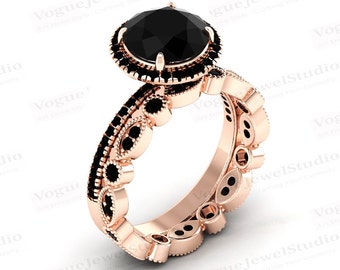 Vintage Black Onyx Engagement Ring Set 14k Rose Gold Black Onyx Bridal Ring Set Black Stone Wedding Ring Set Unique Halo Black Onyx Ring Set