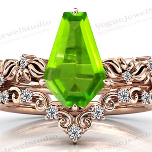 Coffin Shaped Peridot Engagement Ring Set Vine Leaf Design Ring Set 14k Gold Peridot Art Deco Wedding Ring Set Antique Filigree Band For Her