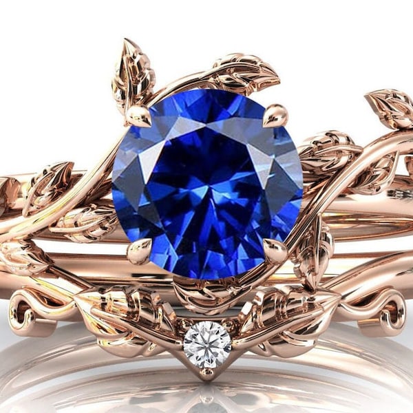Vine Leaf Design Blue Sapphire Wedding Ring Set 14k Rose Gold Blue Sapphire Bague de Fiançailles Set Unique Blue Sapphire Bridal Promise Ring Set