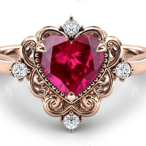Art Deco Heart Shaped Ruby Engagement Ring Antique Filigree Design Ruby ...