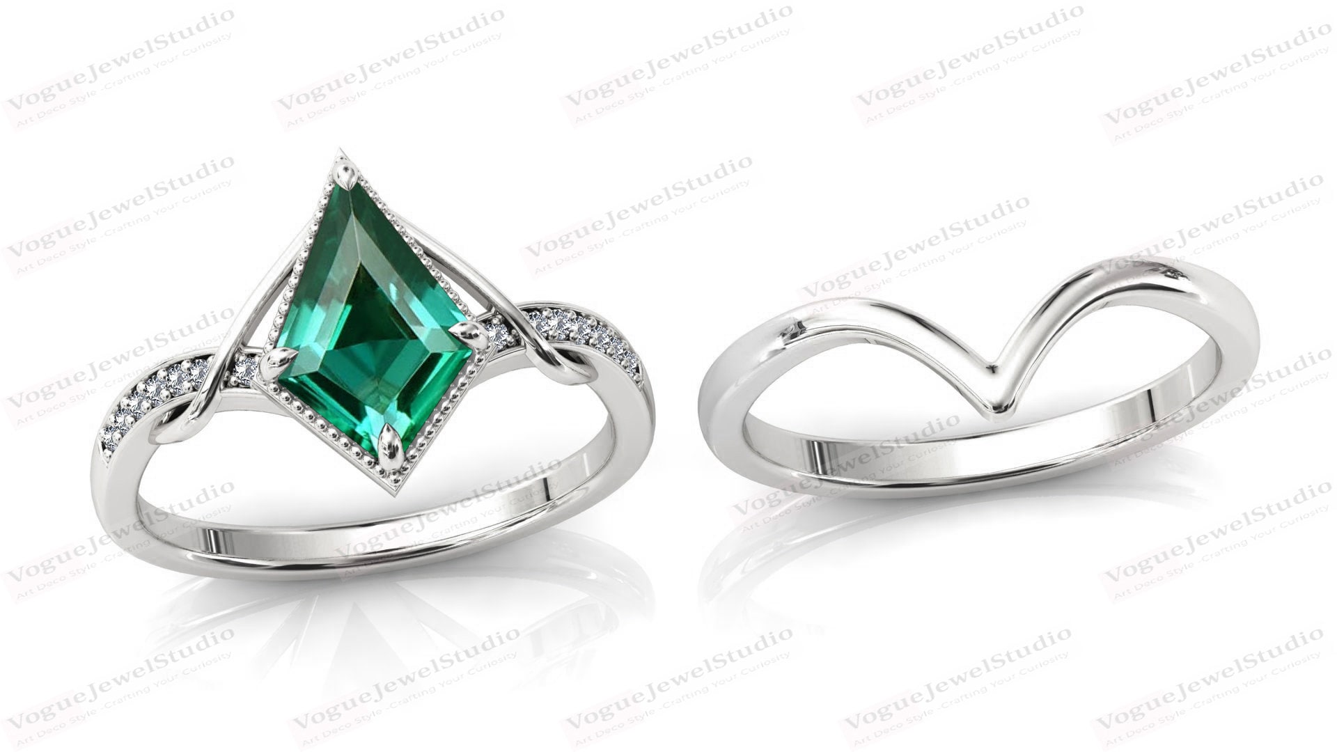 Kite Shaped Emerald Engagement Ring Set 14k Rose Gold Emerald - Etsy