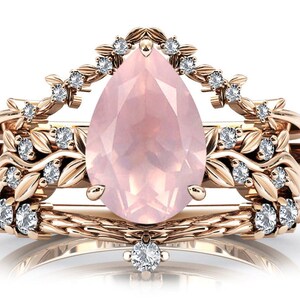 Pear Shaped Rose Quartz Engagement Ring Set 14k Gold Rose Quartz Wedding Ring Set Antique Leaf Engagement Ring Set Art Deco Bridal Ring Set