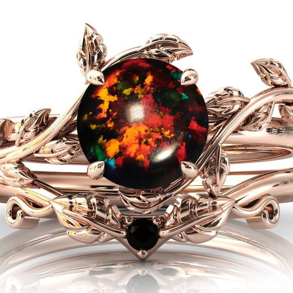 Black Opal Engagement Ring Set 14k Rose Gold Opal Wedding Ring Set Art Deco Leaf Design Ring Set Unique Black Opal Bridal Ring Set For Women