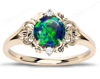 Anel de Noivado com Opala Verde para Mulheres, Estilo Art Déco, Anel de Casamento com Folha de Opala Verde, Anel de Noivado Exclusivo com Filigrana, Anel de Compromisso Vintage para Noivas