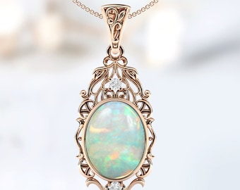 Art Deco Opal Pendant For Her Antique Filigree Design Nacklace Vintage Opal Gemstone Pendant Antique Style Nacklace Women Anniversary Gift