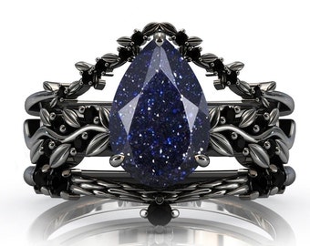 Vine Leaf Design Blue Sandstone Engagement Ring Set Peart Shaped Blue Sandstone Wedding Ring Set Galaxy Blue Sandstone 3Pcs Bridal Ring Set