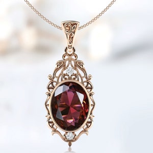 Art Deco Filigree Design Malaya Garnet Pendant Antique Style Necklace Rose Gold Malaya Garnet Wedding Pendant Unique Statement Pendant