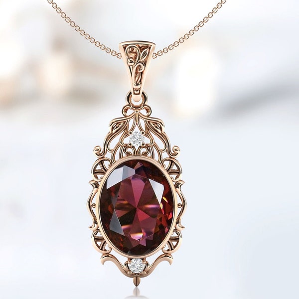 Art Deco Filigree Design Malaya Garnet Pendant Antique Style Necklace Rose Gold Malaya Garnet Wedding Pendant Unique Statement Pendant