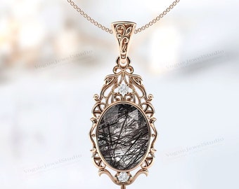 Colgante de cuarzo rutilado negro para mujer, collar de boda de cuarzo vintage, colgante único de piedra preciosa negra, diseño de filigrana art déco.