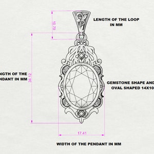 May include: A silver pendant with an oval-shaped gemstone, intricate filigree details, and a loop for attaching a chain. The pendant measures 1.34 inches in length and 0.69 inches in width. The gemstone is 0.55 inches long and 0.4 inches wide.