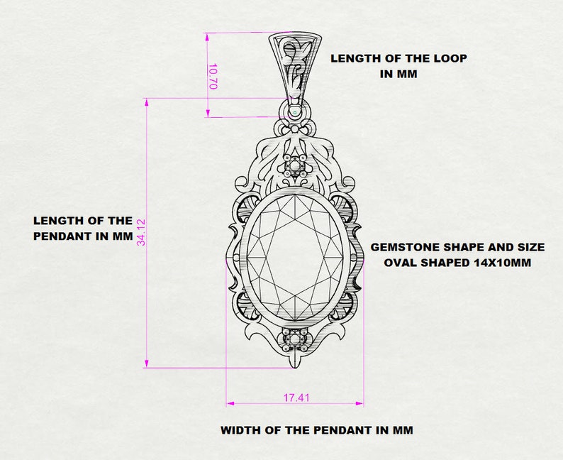 May include: A silver pendant with an oval-shaped gemstone, intricate filigree details, and a loop for attaching a chain. The pendant measures 1.34 inches in length and 0.69 inches in width. The gemstone is 0.55 inches long and 0.4 inches wide.